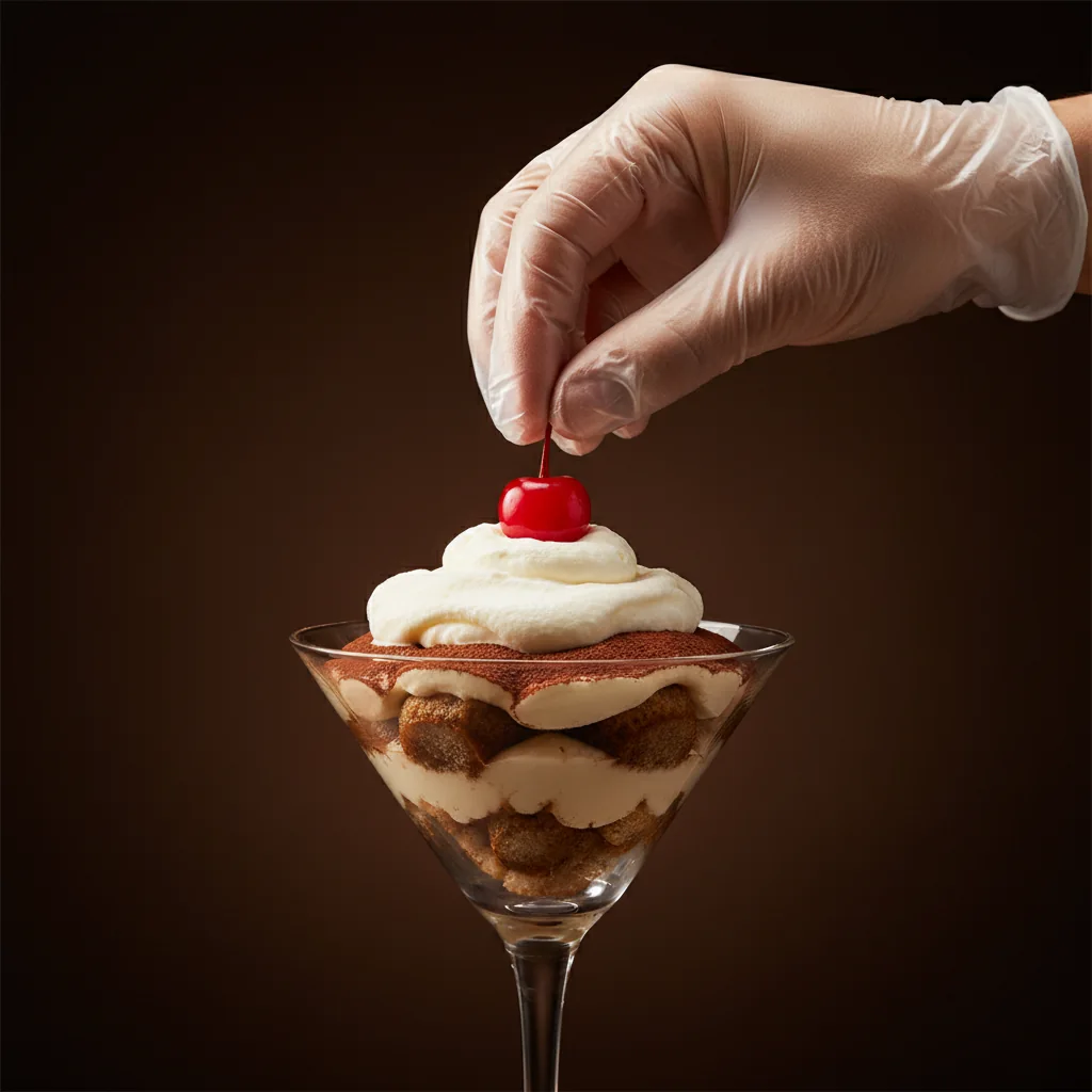 A gloved hand placing a cherry atop a tiramisu cuptini